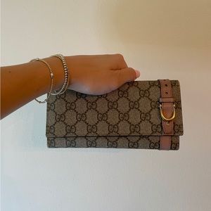 Gucci Brown Monogram Continental Wallet With Pink Stirrup Equestrian Hardware